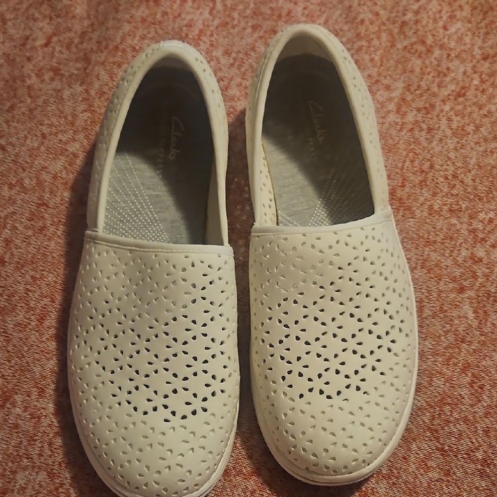 Clarks White Perforated Casual Slip-Ons